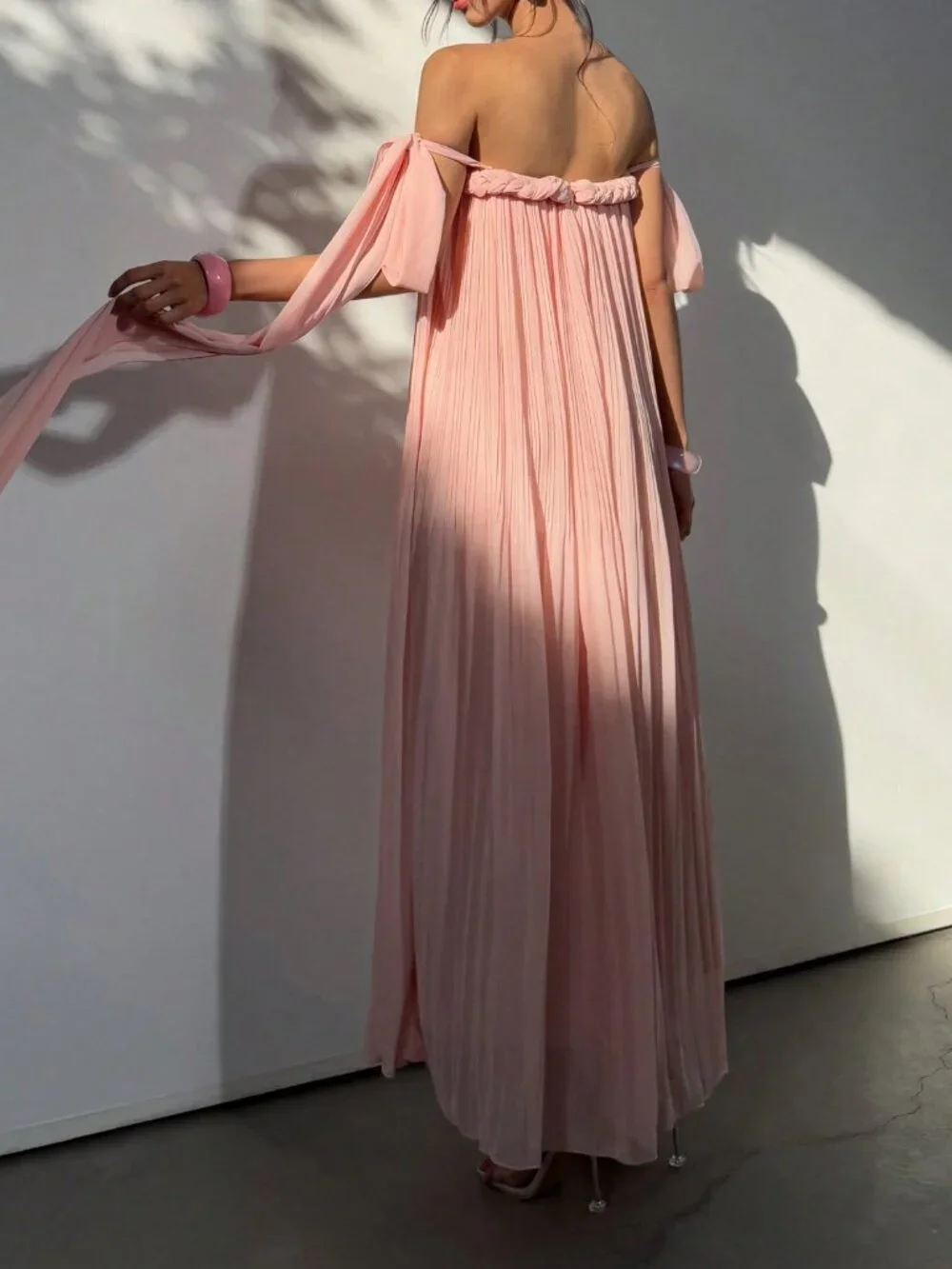 Coral Elegant Women's Off Shoulder Flowy Tie Strap Maxi Dress - Picture 2 of 6
